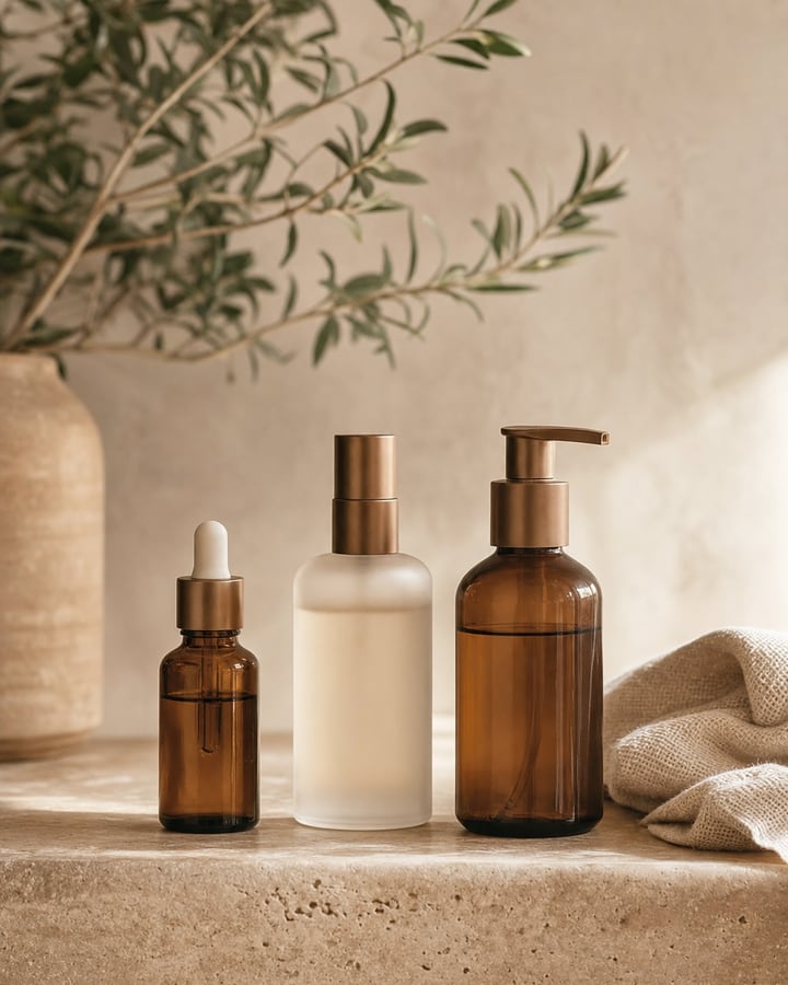 Minimal skincare bottles arranged in soft light