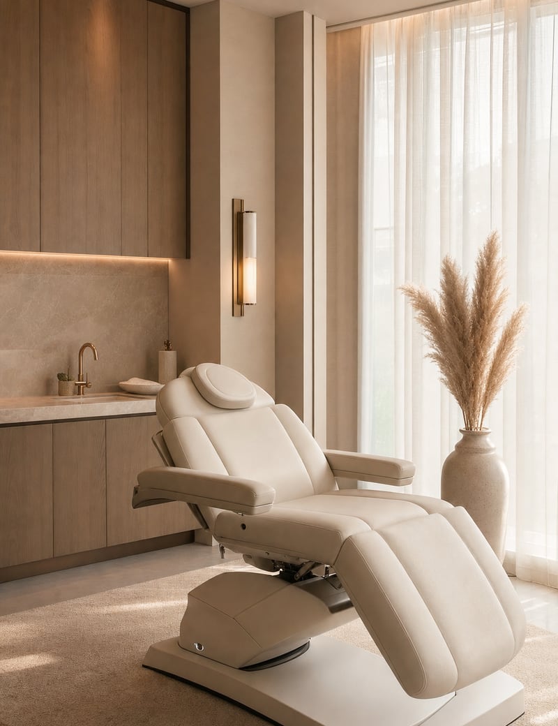 Calm, light-filled treatment suite with natural textures