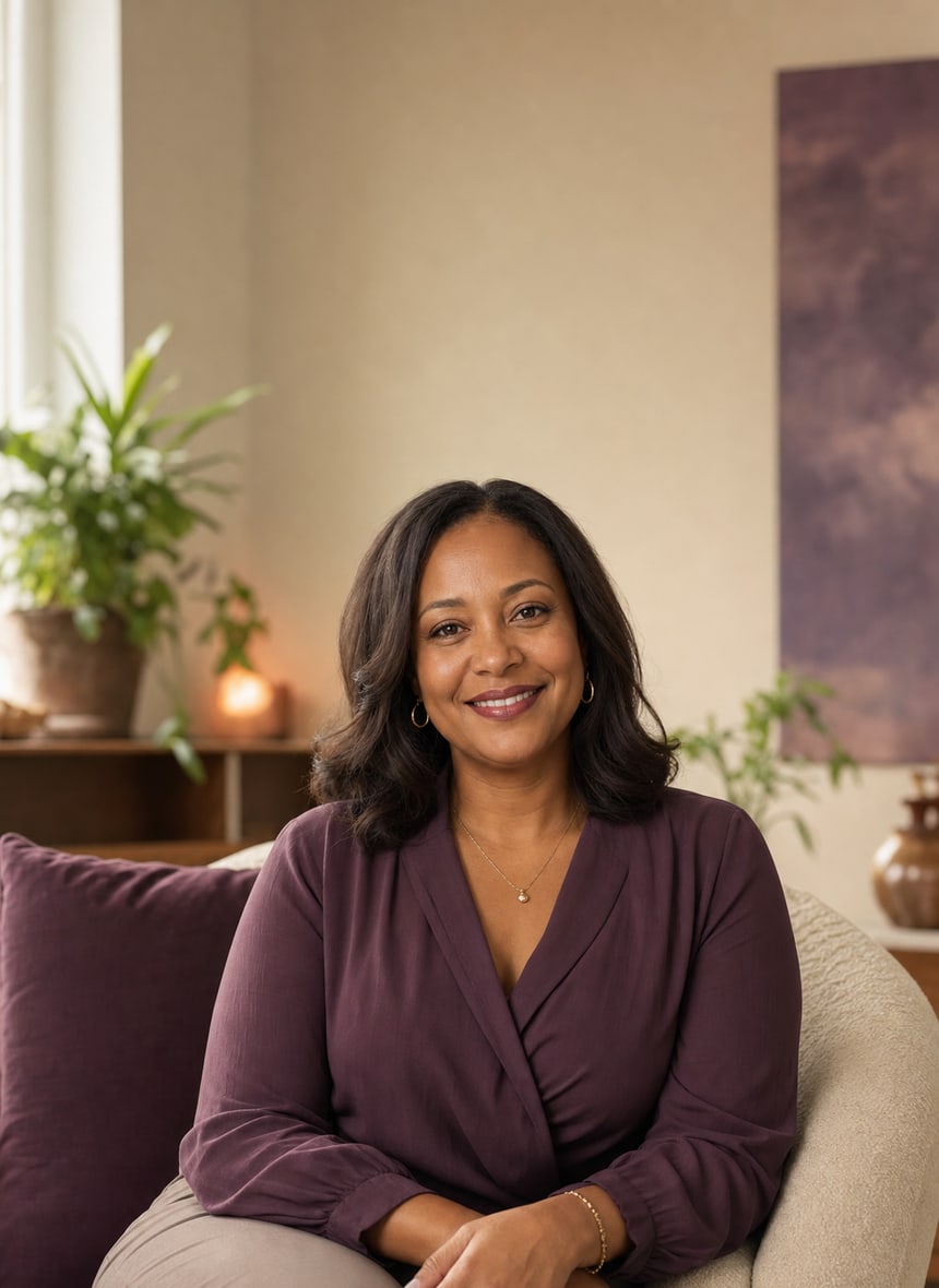 Maren Oduya, founder and wellness counselor, in the practice's office
