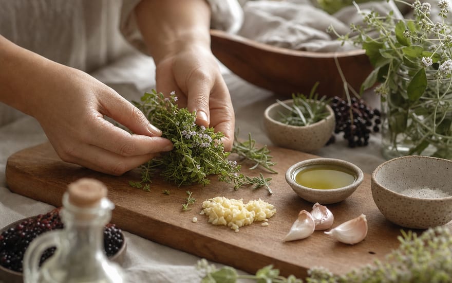 Hands preparing fresh herbs and ingredients