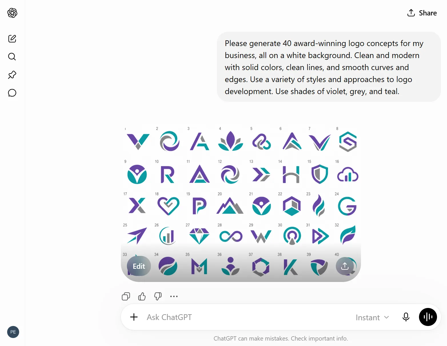 A ChatGPT reply generating dozens of distinct logo concepts from a single prompt, laid out as a grid.