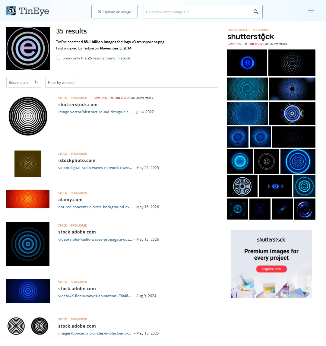 TinEye reverse-image search results for an uploaded logo, showing visually similar images across the web.