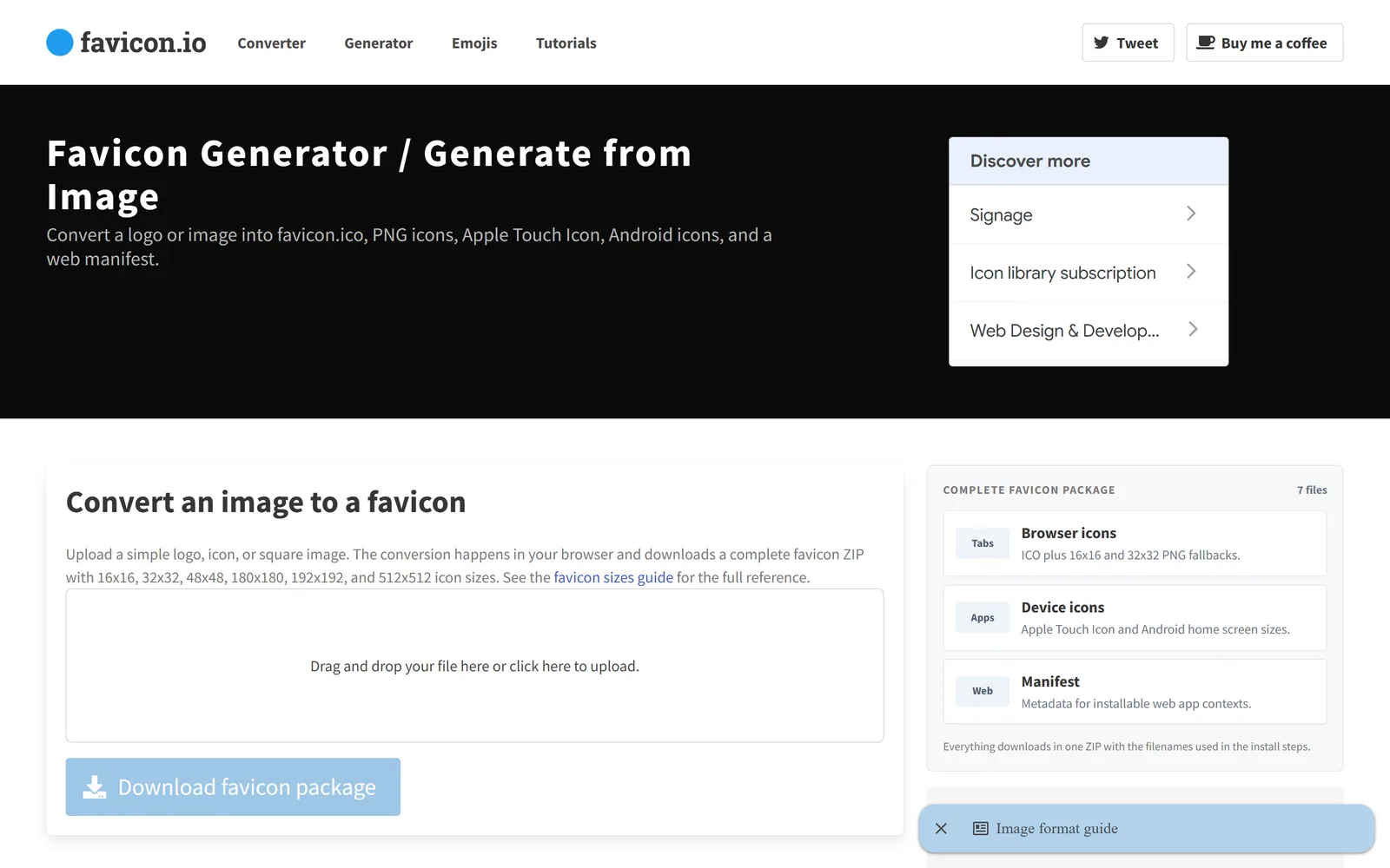 The favicon.io Favicon Generator — a 'Convert an image to a favicon' upload panel and a 'Download favicon package' button that outputs .ico, PNGs, and Apple touch icons.