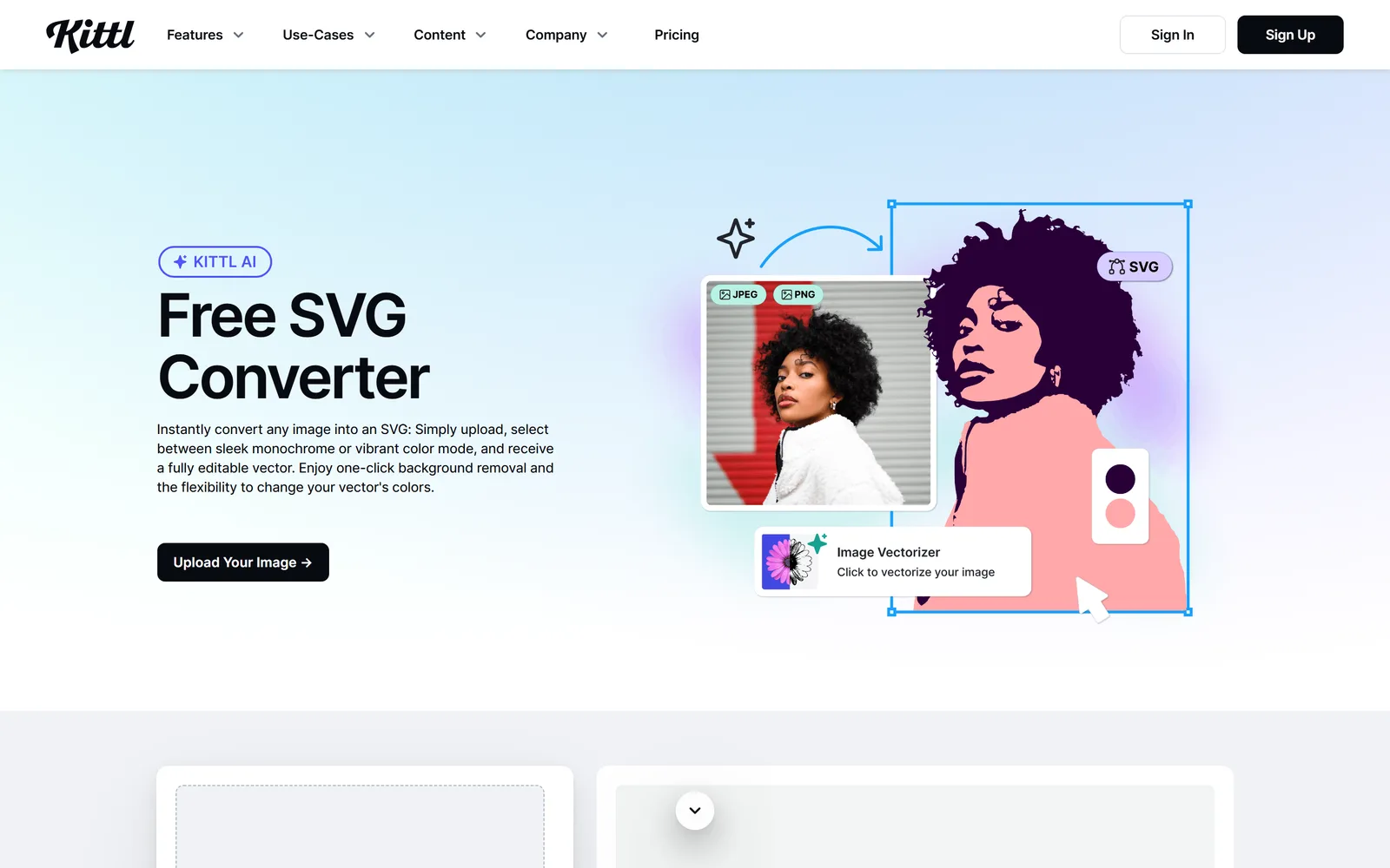 Kittl's Free SVG Converter landing page — 'Instantly convert images to SVG' — with an 'Upload Your Image' button and an illustrated before/after of a raster image becoming clean vector shapes.
