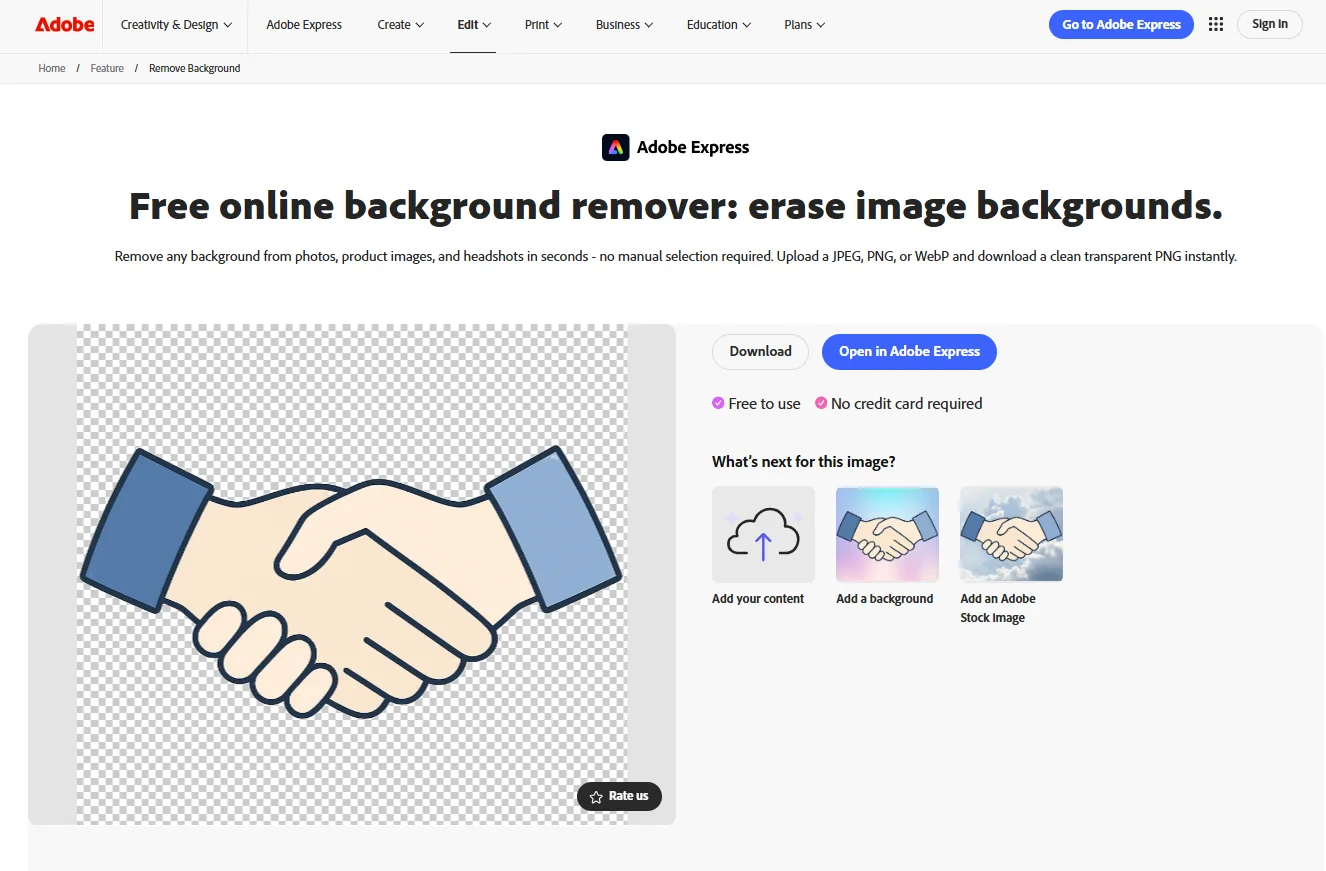 Adobe Express free background remover with a subject cut out onto a transparent checkerboard.
