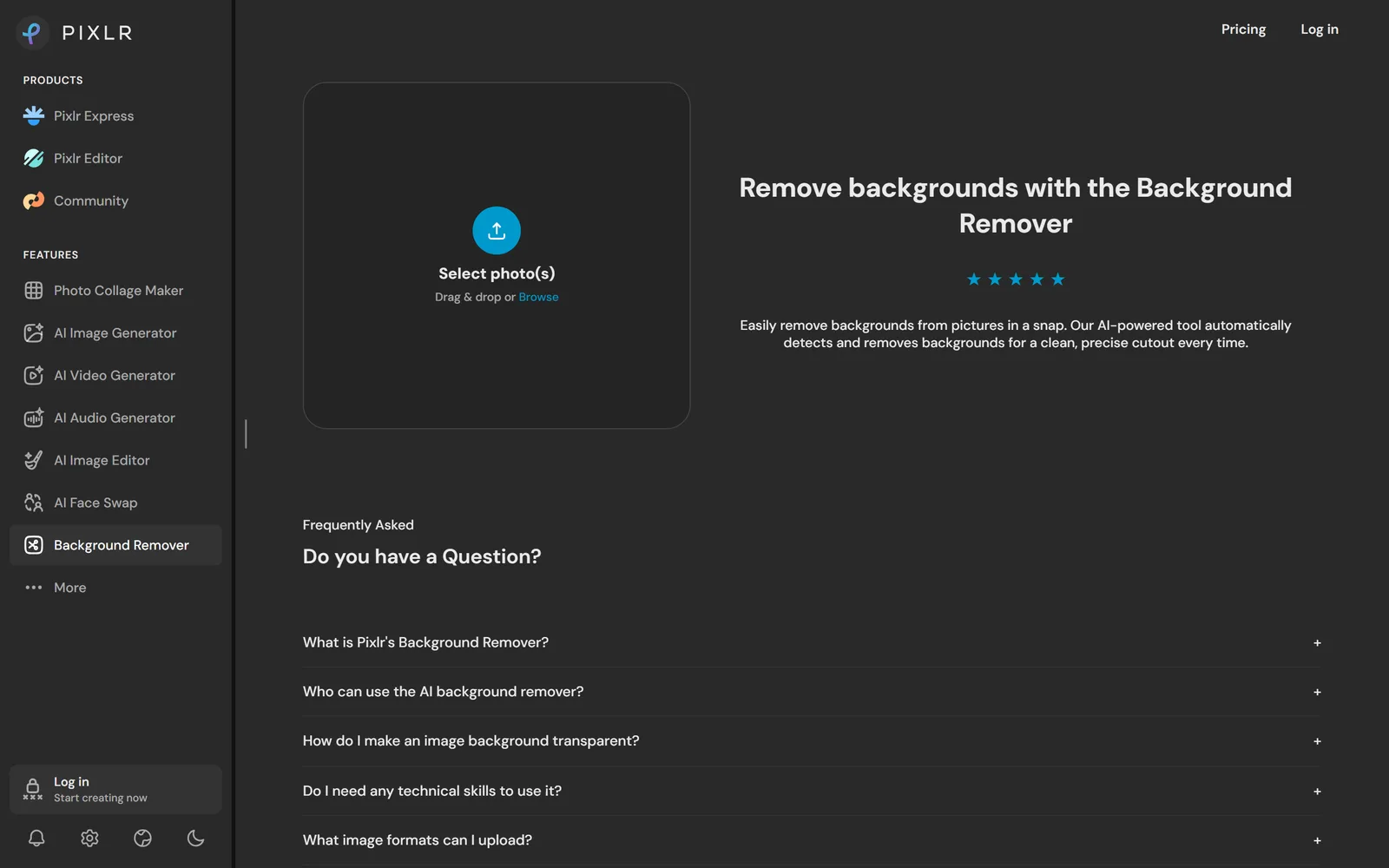 Pixlr's Background Remover page with a drag-and-drop 'Select photo(s)' upload zone and a left rail of AI tools — image generator, face swap, background remover.