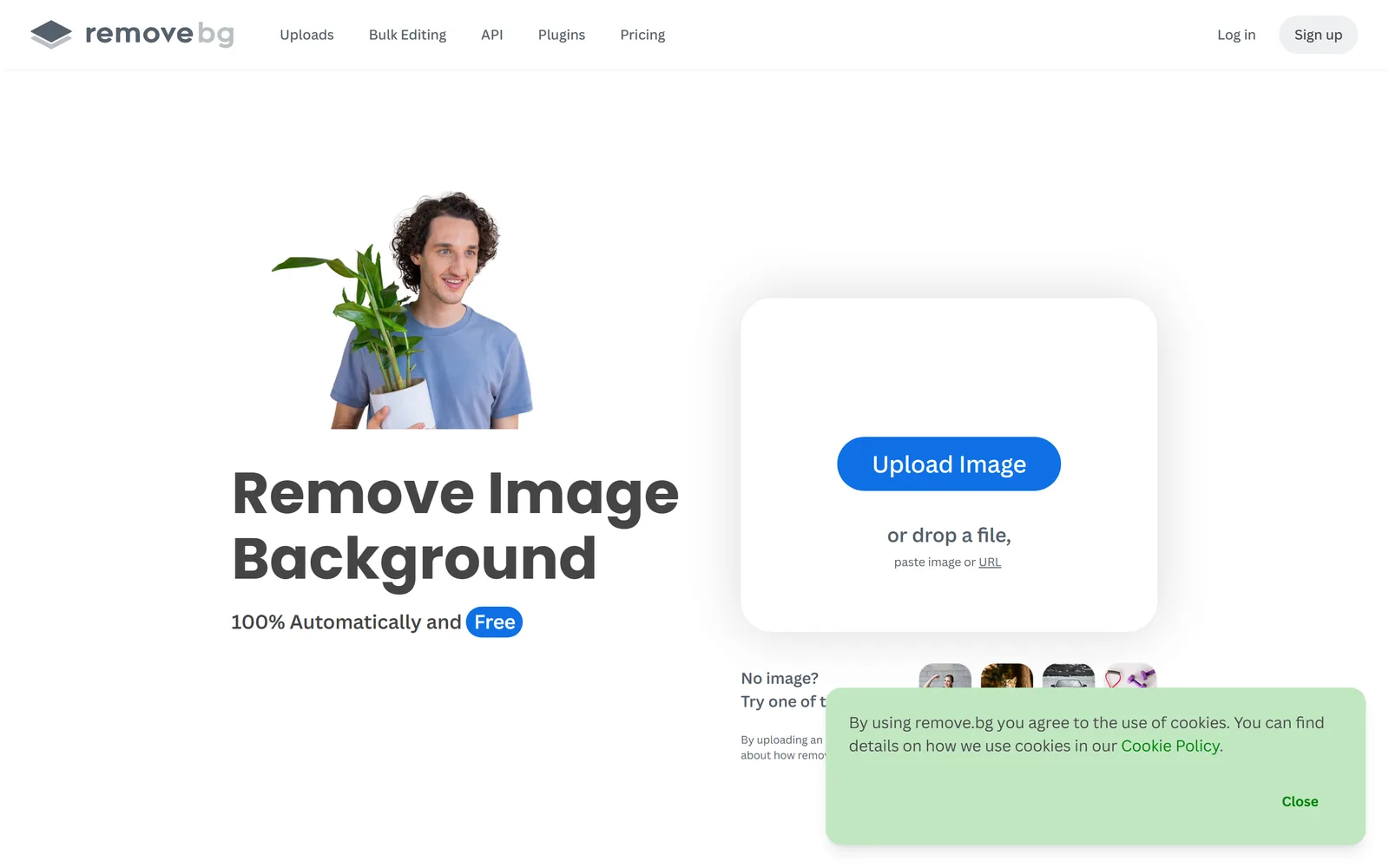 The remove.bg homepage — a large 'Upload Image' button beside a before/after of a person cleanly cut out of their background — with a '100% Automatically and Free' tag.