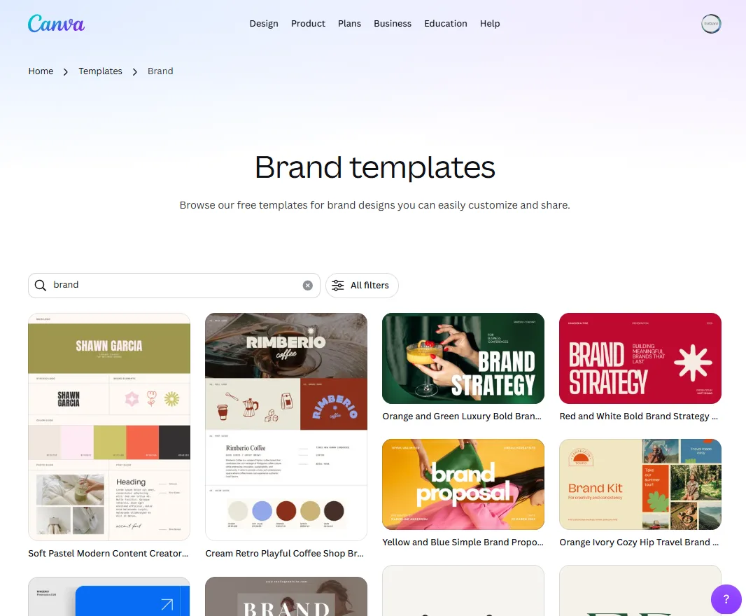 Canva's Brand Guidelines template gallery — a grid of multi-page brand-book templates.
