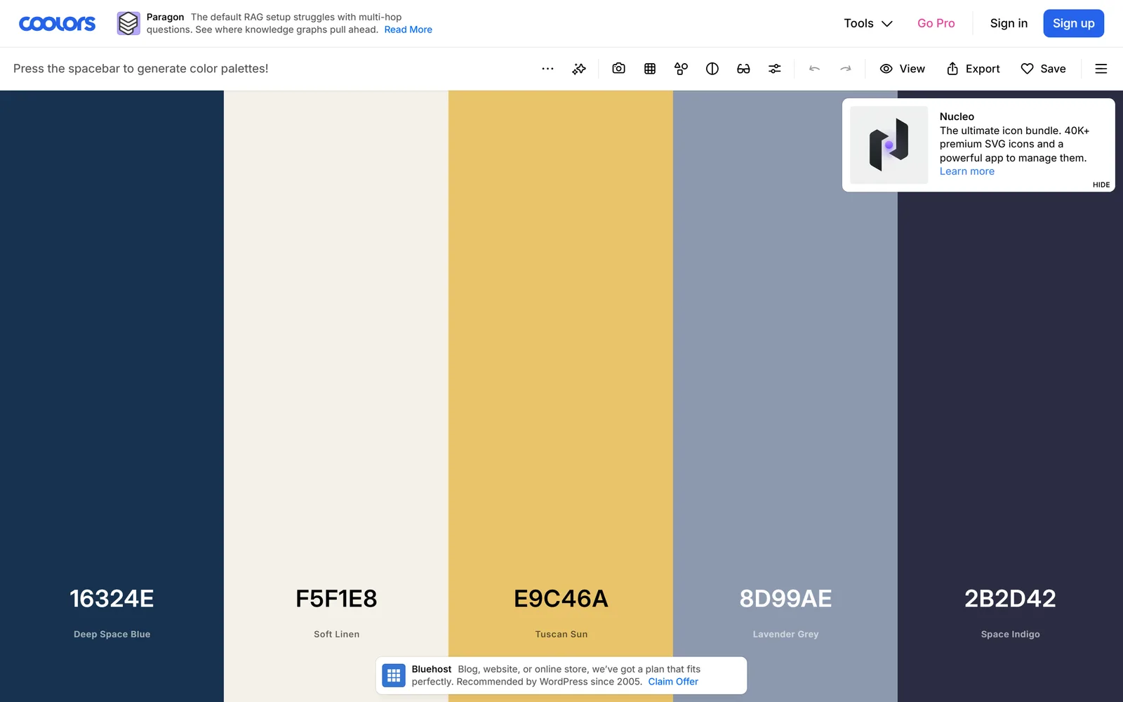 The Coolors generator showing five full-height colour columns — a deep navy, cream, gold, and two supporting tones — each with its hex code and name.