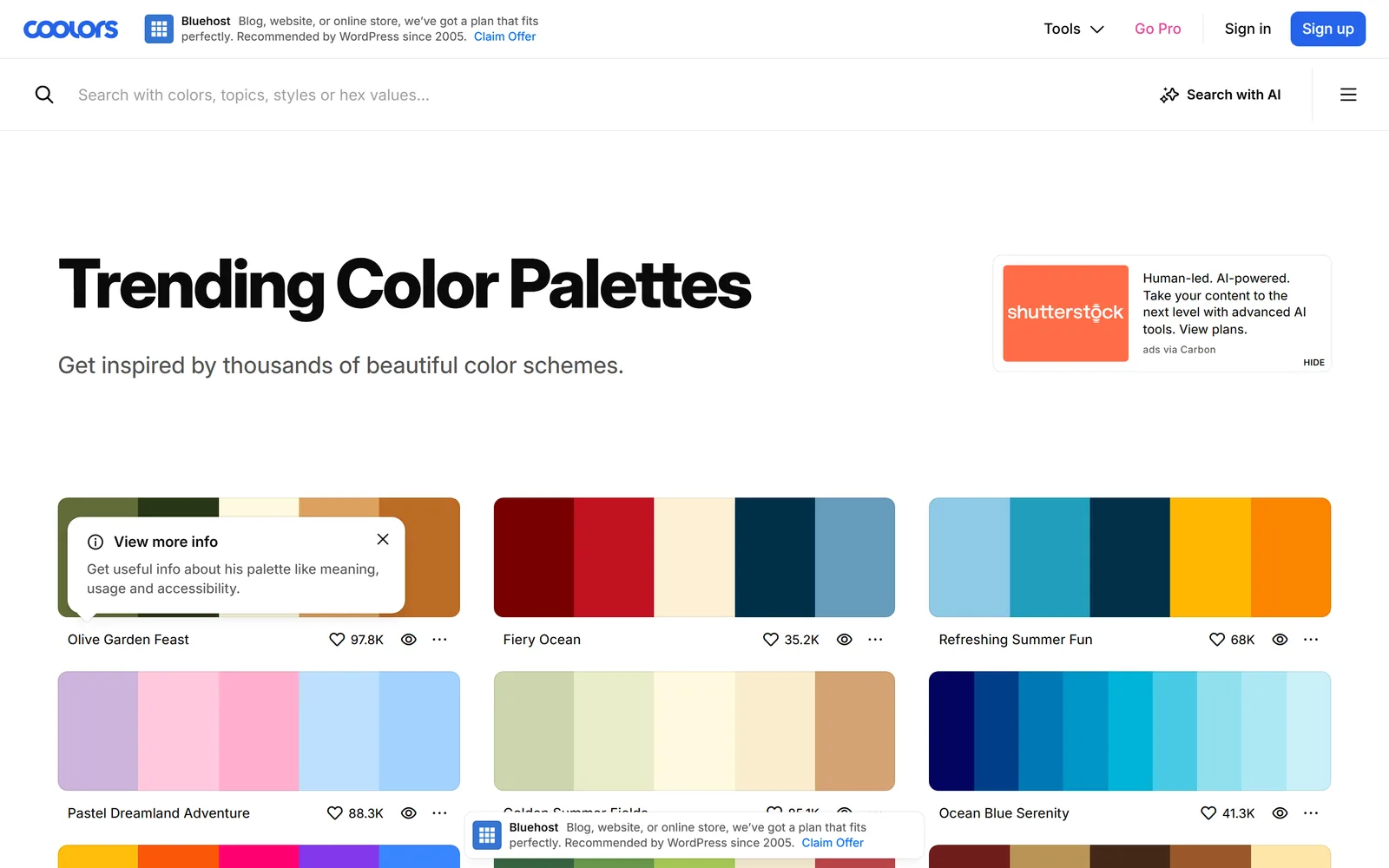 The Coolors Trending gallery — a grid of ready-made five-colour palettes with names and like counts.