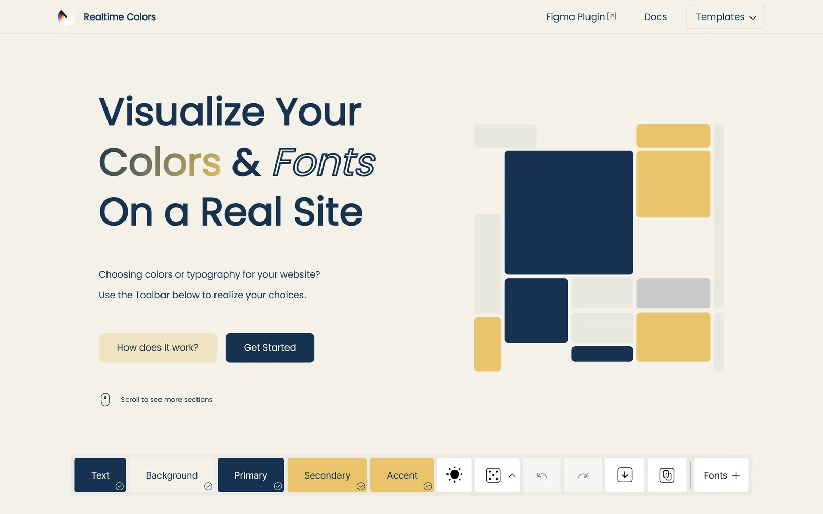 Realtime Colors previewing a full website mockup — 'Visualize Your Colors & Fonts On a Real Site' — with a deep-navy, cream, and gold test palette applied to the headline, buttons, and coloured blocks.