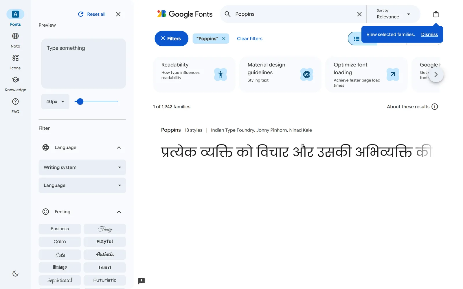 Google Fonts with 'Poppins' typed into the search box and the matching font family showing in the filtered results.