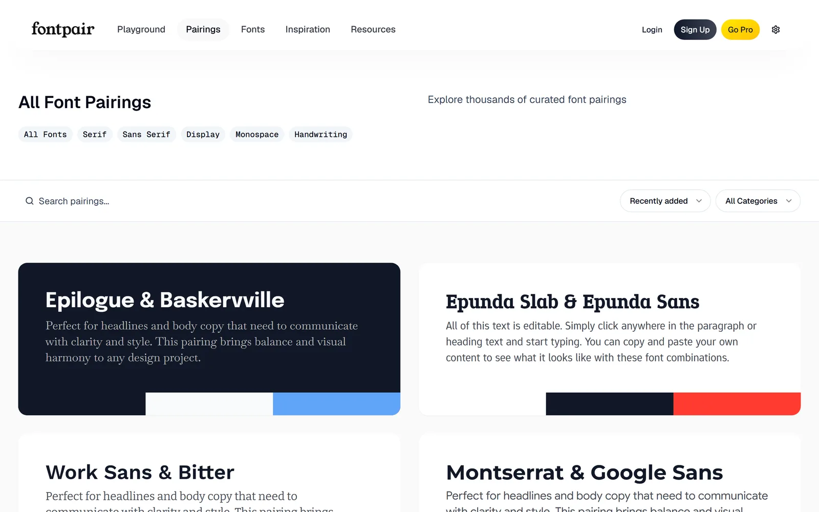 The Fontpair gallery — cards of curated font pairings like 'Epilogue & Baskerville' and 'Montserrat & Google Sans', each showing a heading font over a body font.