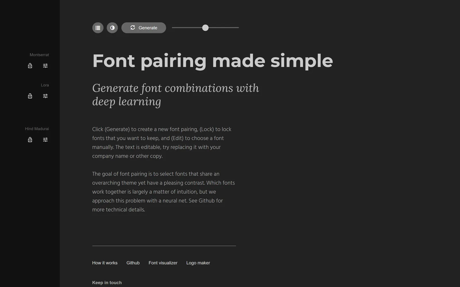 Fontjoy — 'Font pairing made simple. Generate font combinations with deep learning' — with a Generate button and a contrast slider above a live heading-and-body preview.