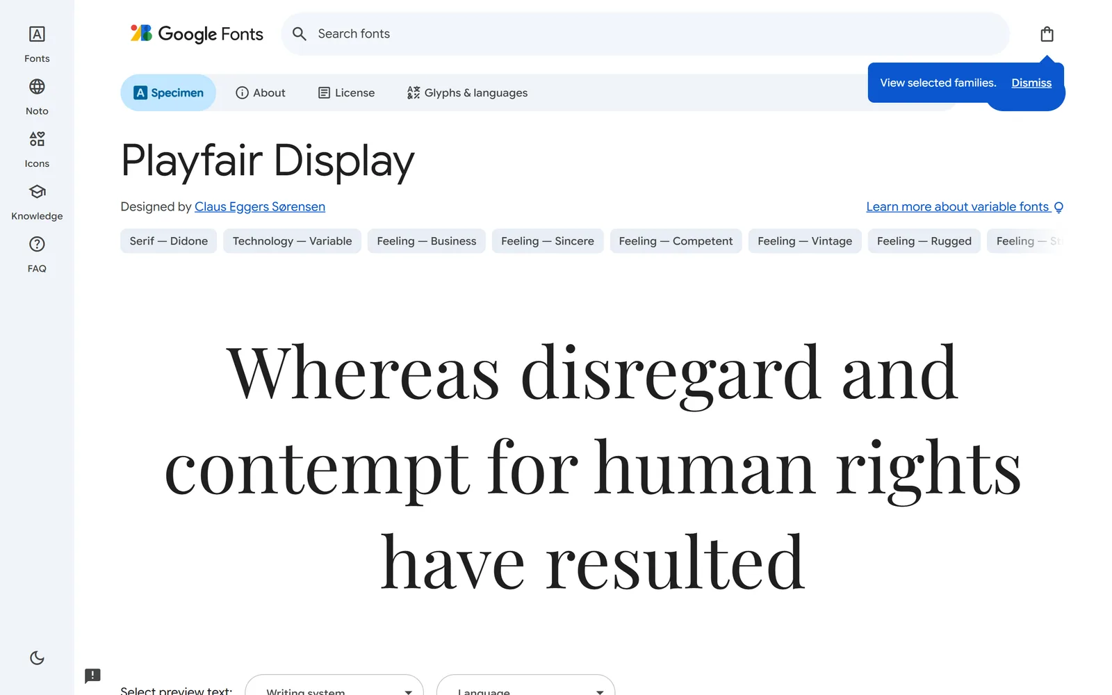The Google Fonts specimen page for Playfair Display, with a large live preview of the typeface and a size slider.