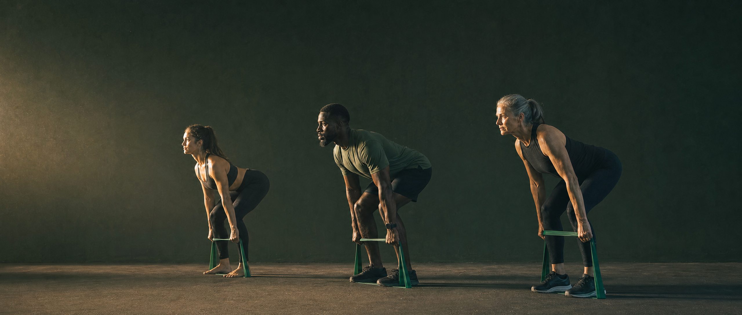 Three athletes standing with resistance bands in a dark training studio