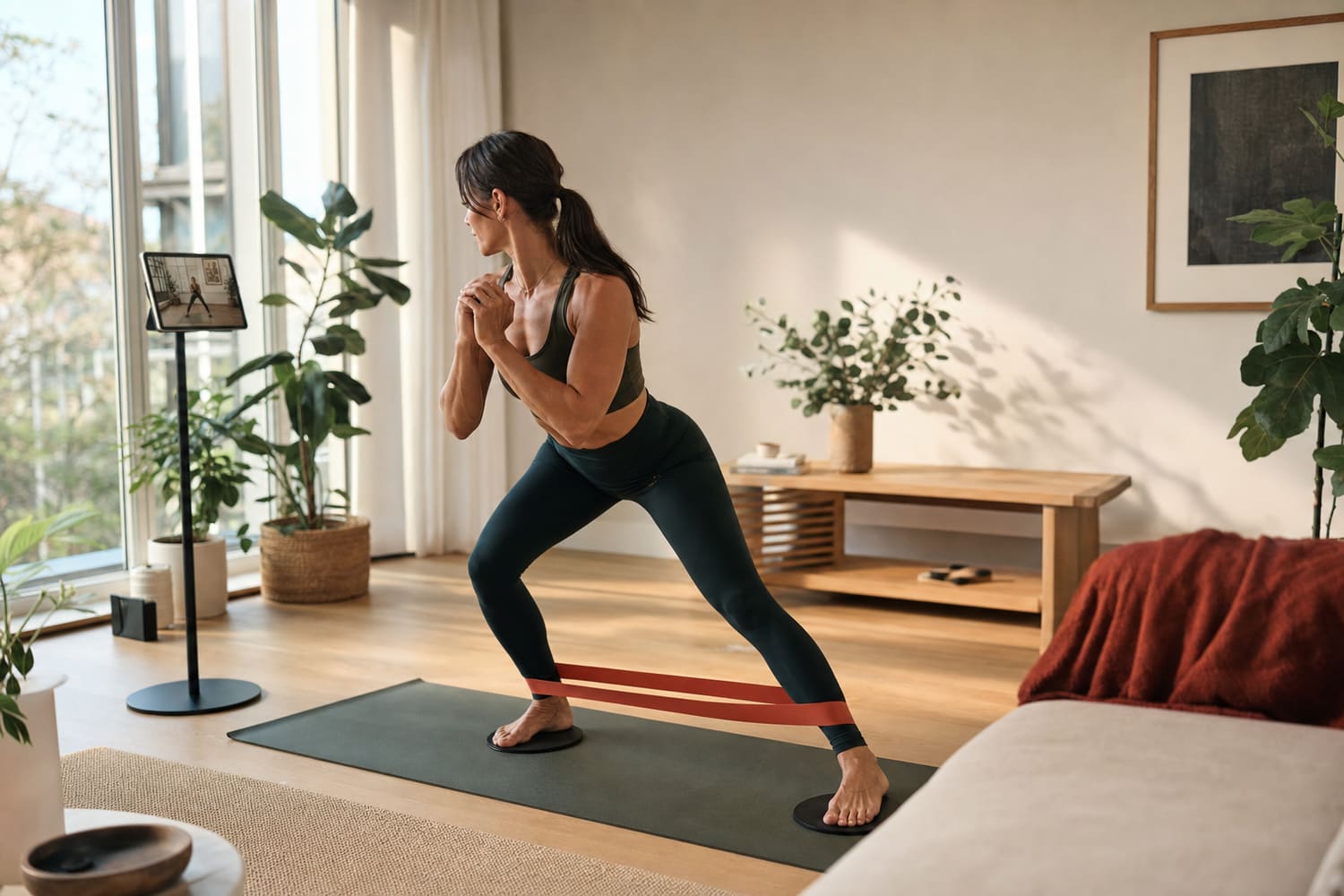 A member following a resistance session in a sunlit living room