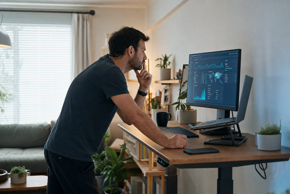 An owner reviewing his dashboard at a standing desk