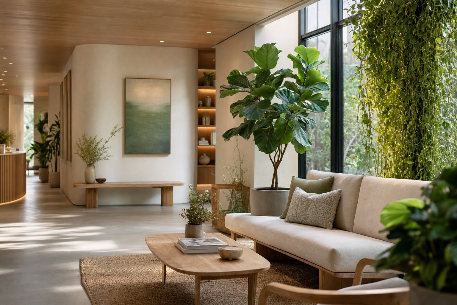 A sunlit, plant-filled waiting room at The Linden Center — soft daylight, natural wood and living greenery