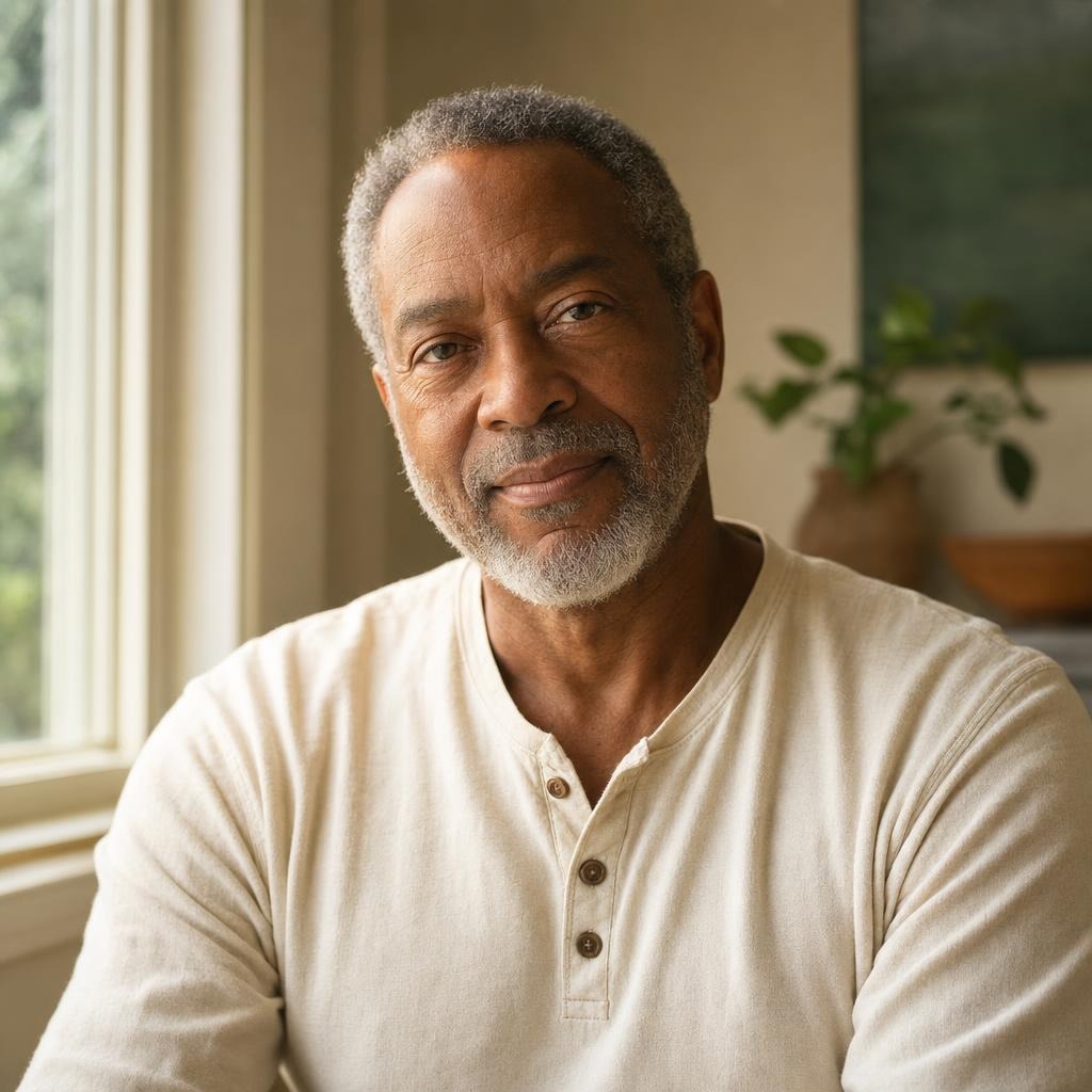 J.M., a Linden member in his sixties, at ease by a sunlit window
