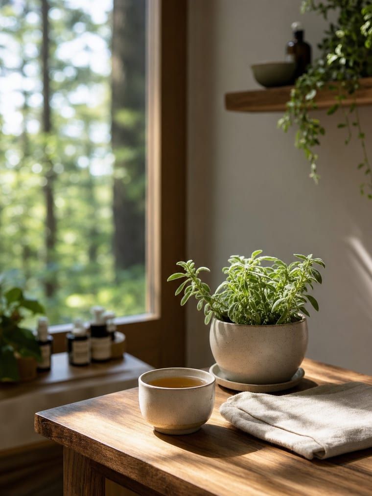 Morning light across a calm clinic corner with herbal tea and a potted plant
