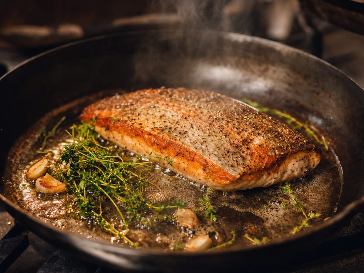 Trout fillet finished in the pan with fresh herbs and brown butter