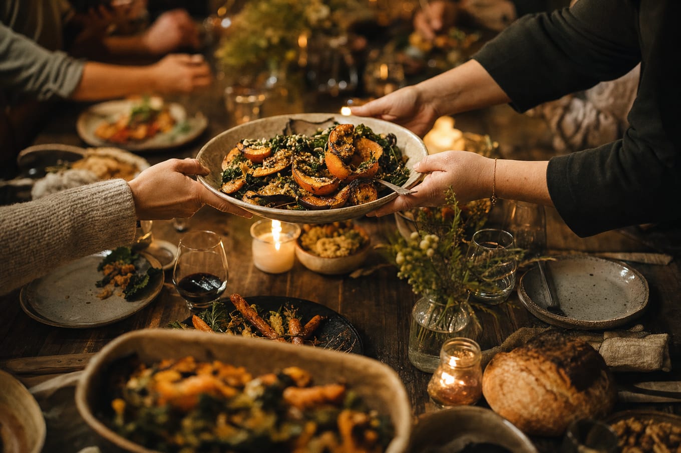 Friends gathered around a long table sharing a family-style feast by candlelight
