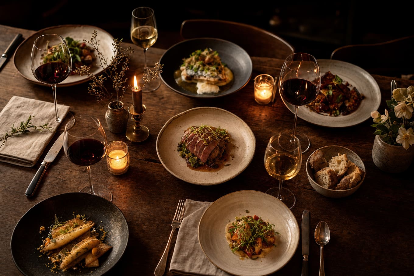 Candlelit dinner table set with plated seasonal courses and wine