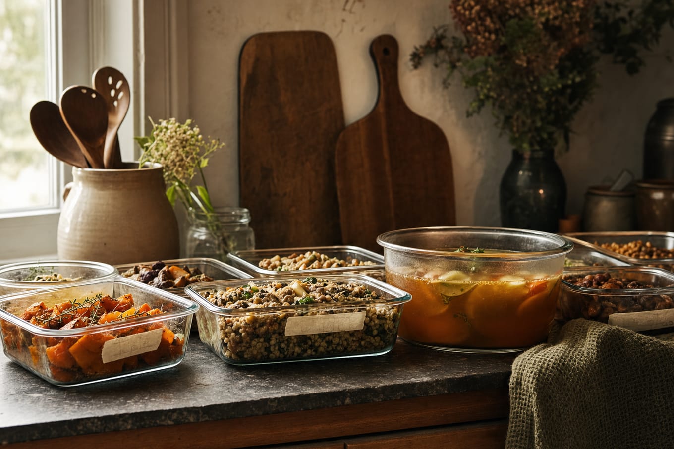 Glass containers of slow-cooked seasonal meals labeled and ready on a kitchen counter