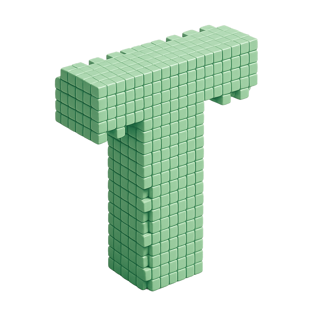 Voxel letter T built from small mint cubes