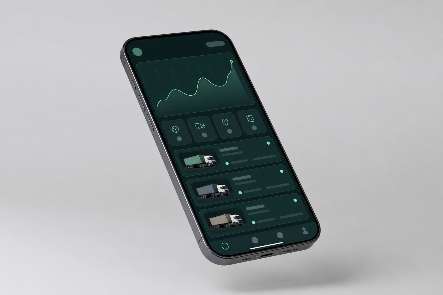 Phone mockup showing a dark freight dispatch app