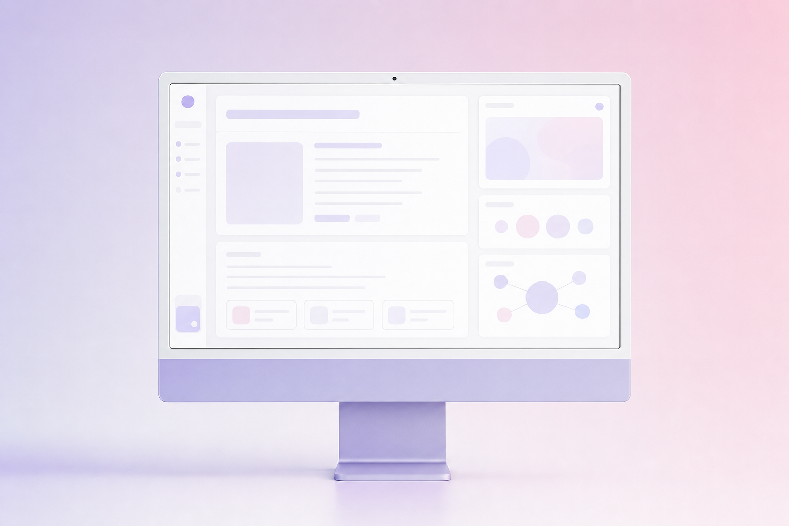 Desktop monitor mockup showing a light editorial research tool