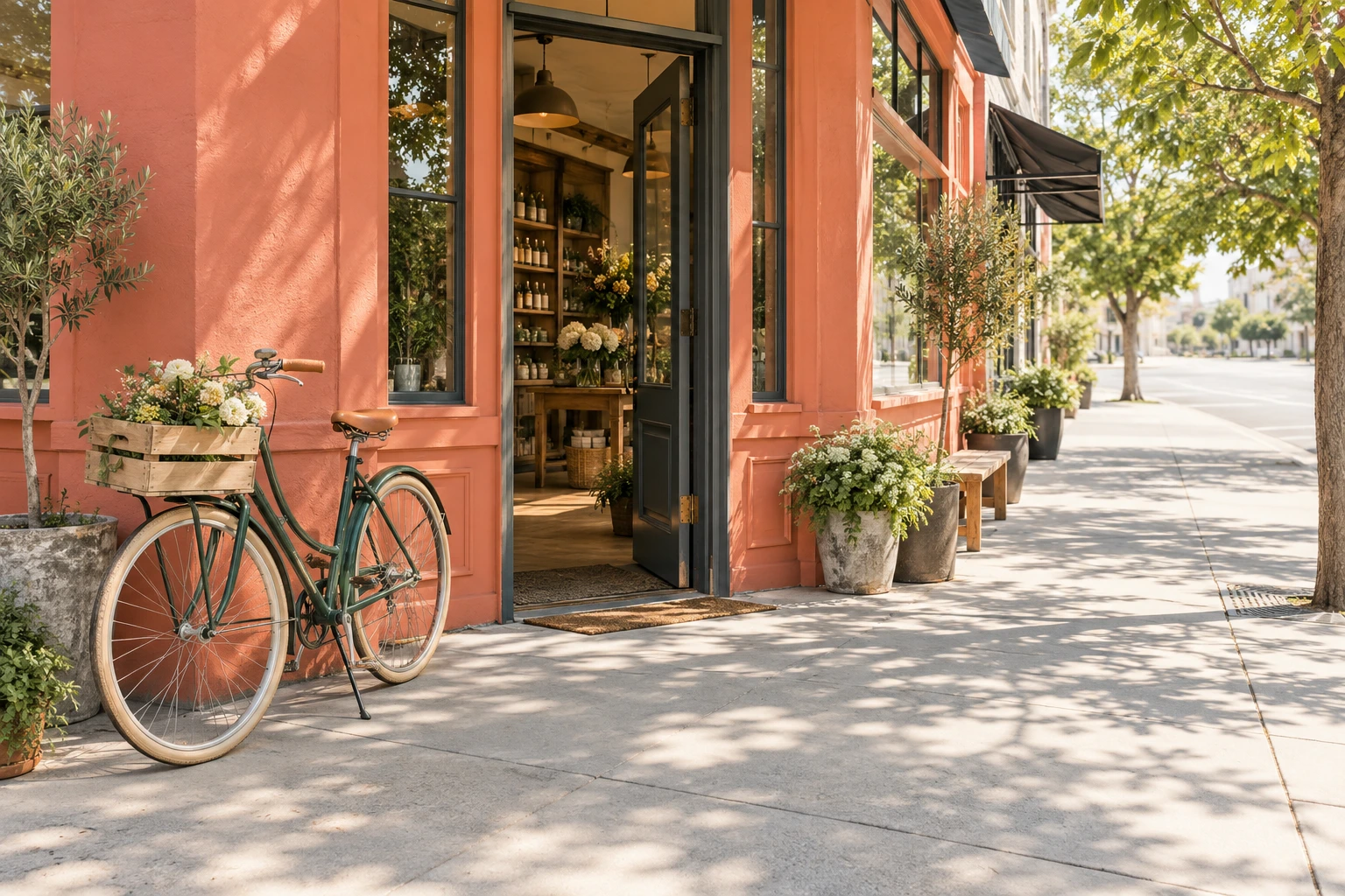 A delivery bicycle and crate outside a coral storefront.