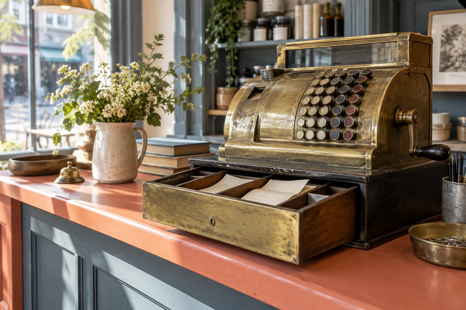A brass till and receipt drawer at an independent shop counter.