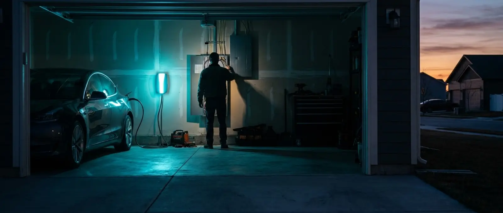 Garage at dusk seen from the driveway: an electric car plugged into a glowing wall charger, an electrician closing the panel