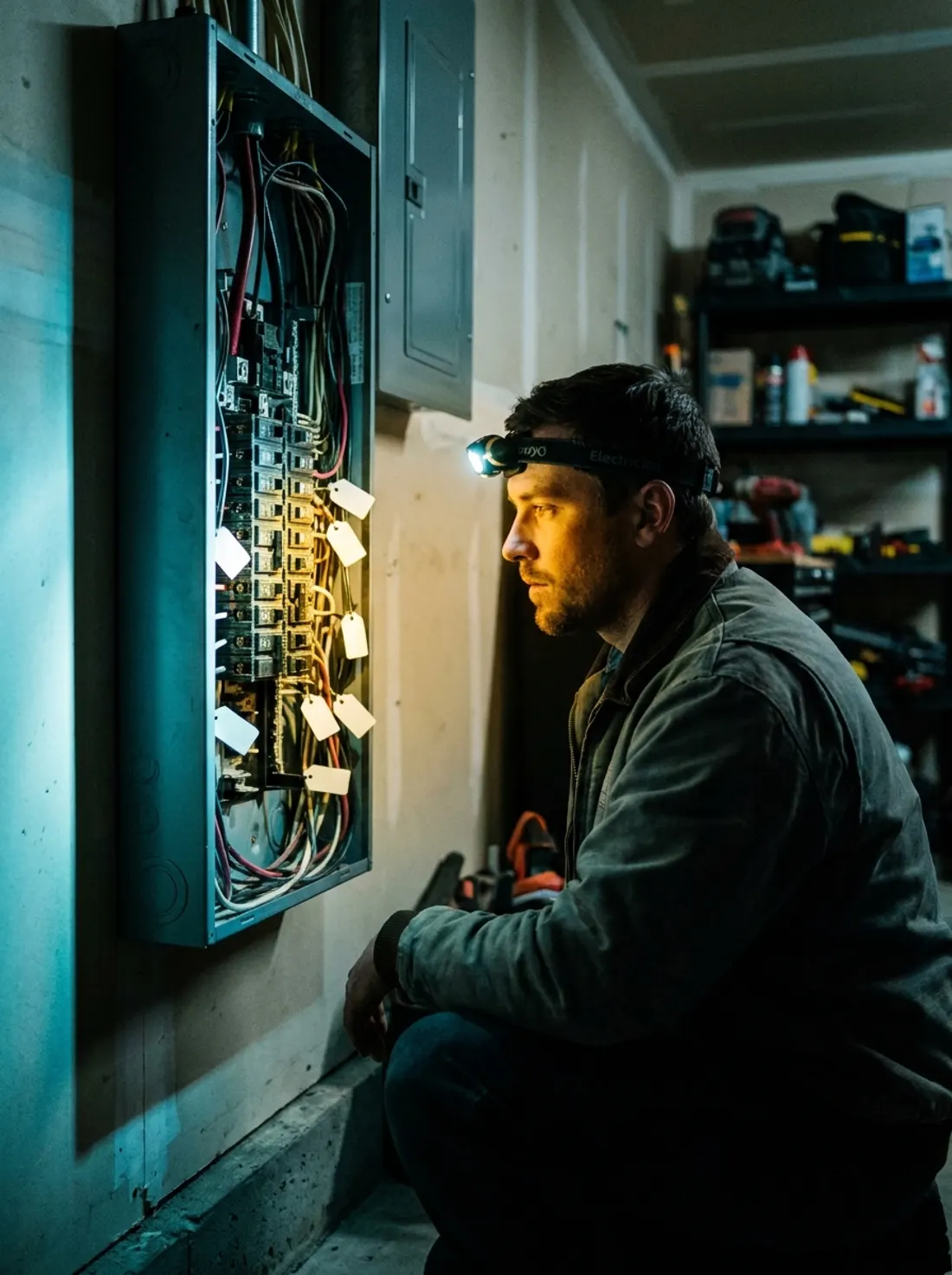 Electrician in a headlamp working at an open residential breaker panel, wiring neatly dressed and tagged