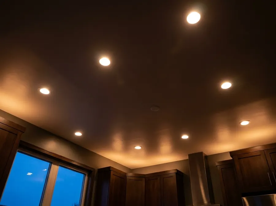 Warm recessed ceiling lights glowing in a modern kitchen at dusk, seen from below