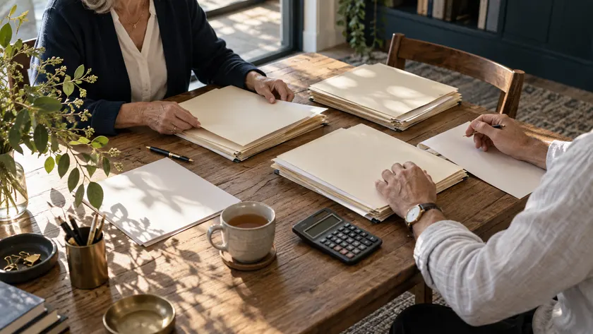 A quiet conversation over household records.