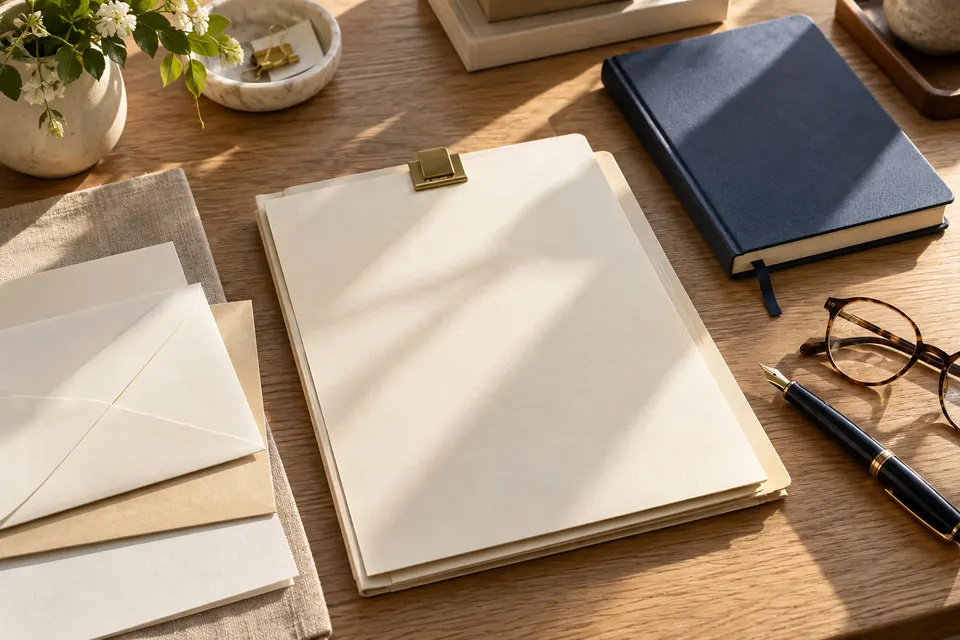 Cream folders, envelopes and a navy notebook on an oak desk.