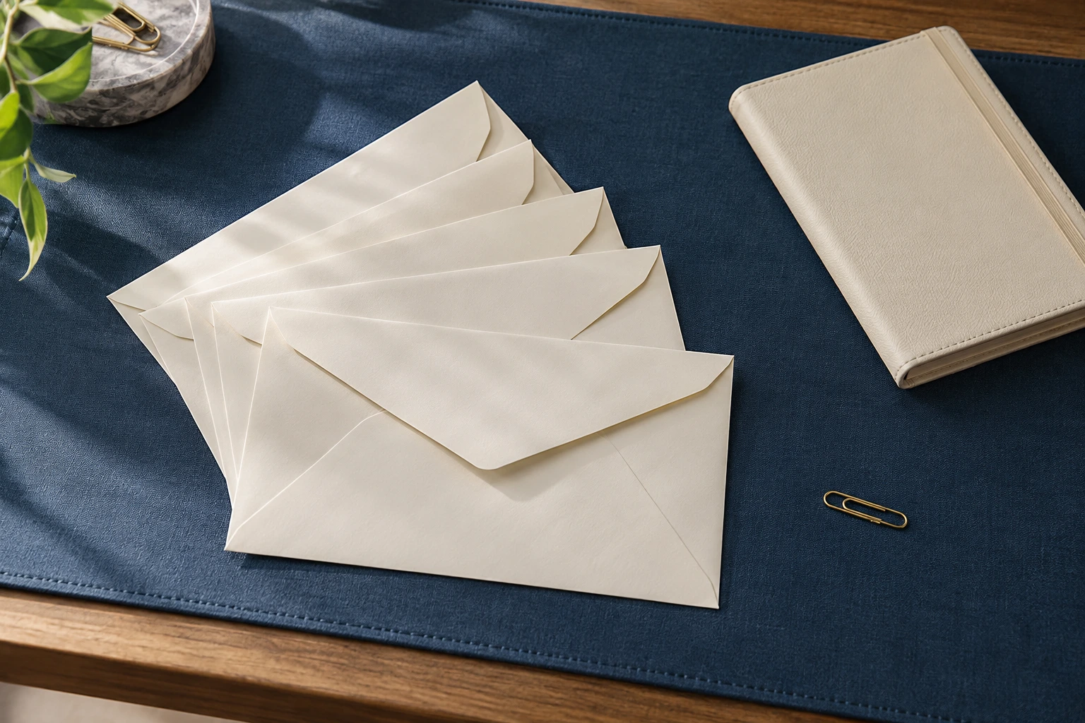 Annual tax envelopes arranged on a blue desk blotter.