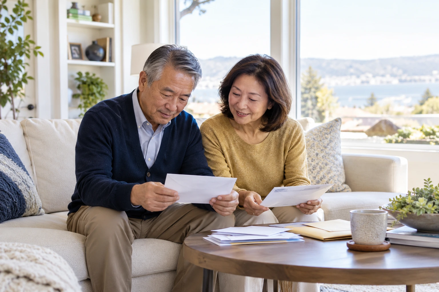 An older couple sorting pension mail at home.