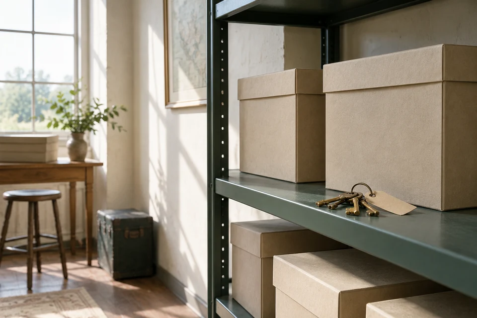 Archival cartons and tagged keys arranged on shelves.