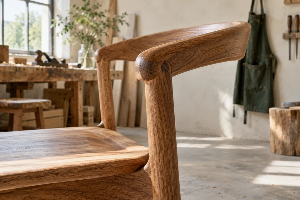 A completed handmade chair in natural raking light.