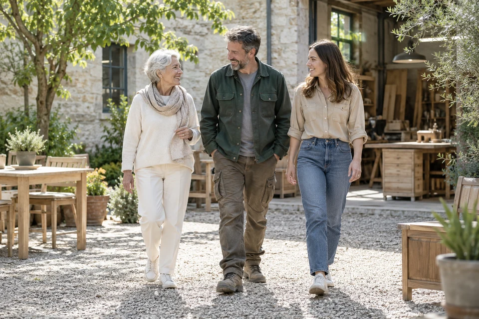 Family members walking together through a workshop courtyard.