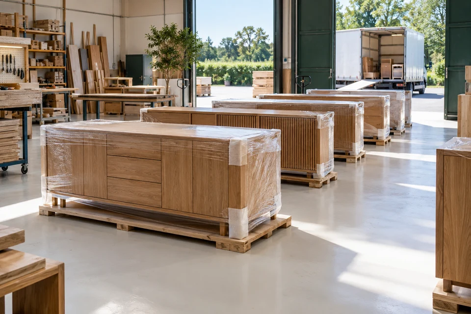 Finished furniture prepared for delivery in a wide workshop.