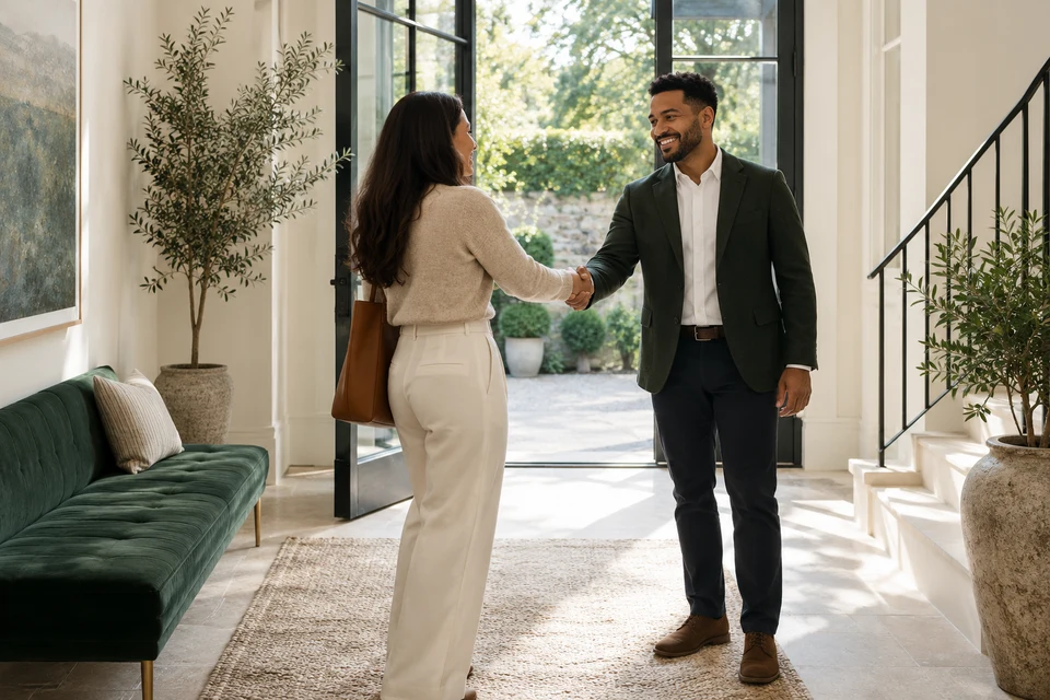 An adviser greeting a business owner at an office entrance.