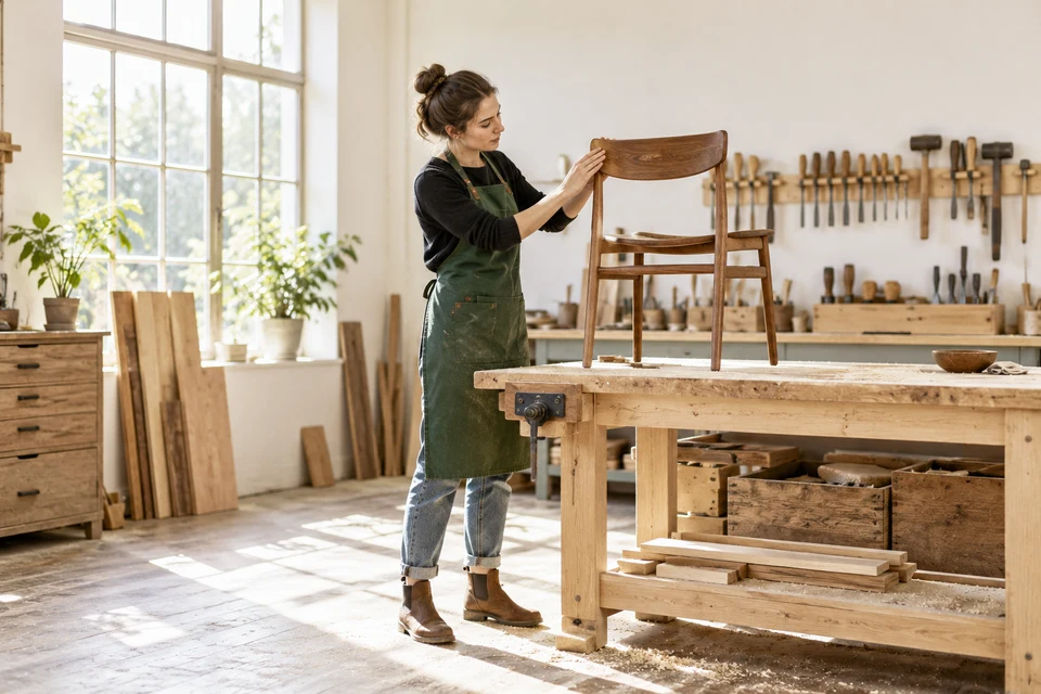 A younger maker examining a chair in an open studio.