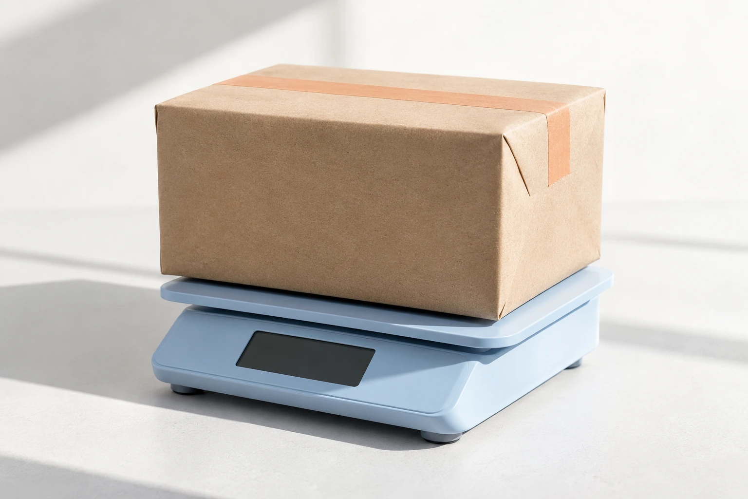 A sealed outgoing parcel on a blue postage scale.