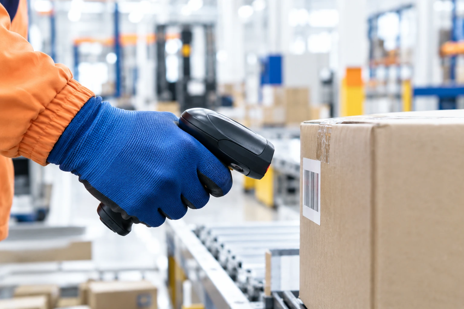 A courier scanner checking a parcel.