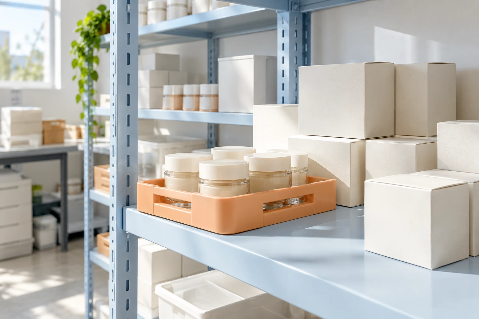 Boxed skincare products organized for an inventory check.